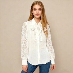 PINKO Womens Lace Ruffles Size 6 Bow White Long Sleeve Blouse Shirt NWOT